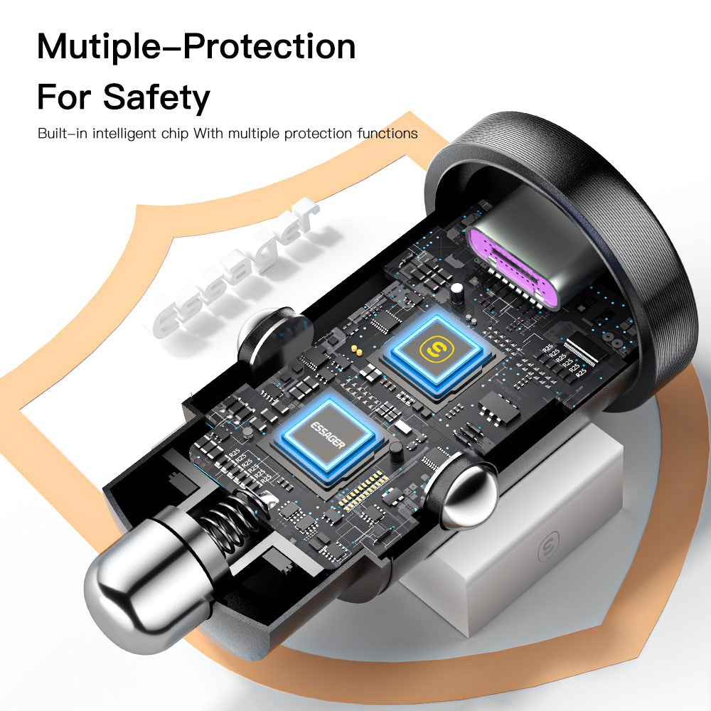 ESSAGER 30W Mini Car Charger USB-A + Type-C Dual Port Fast Charger for iPhone 12/13