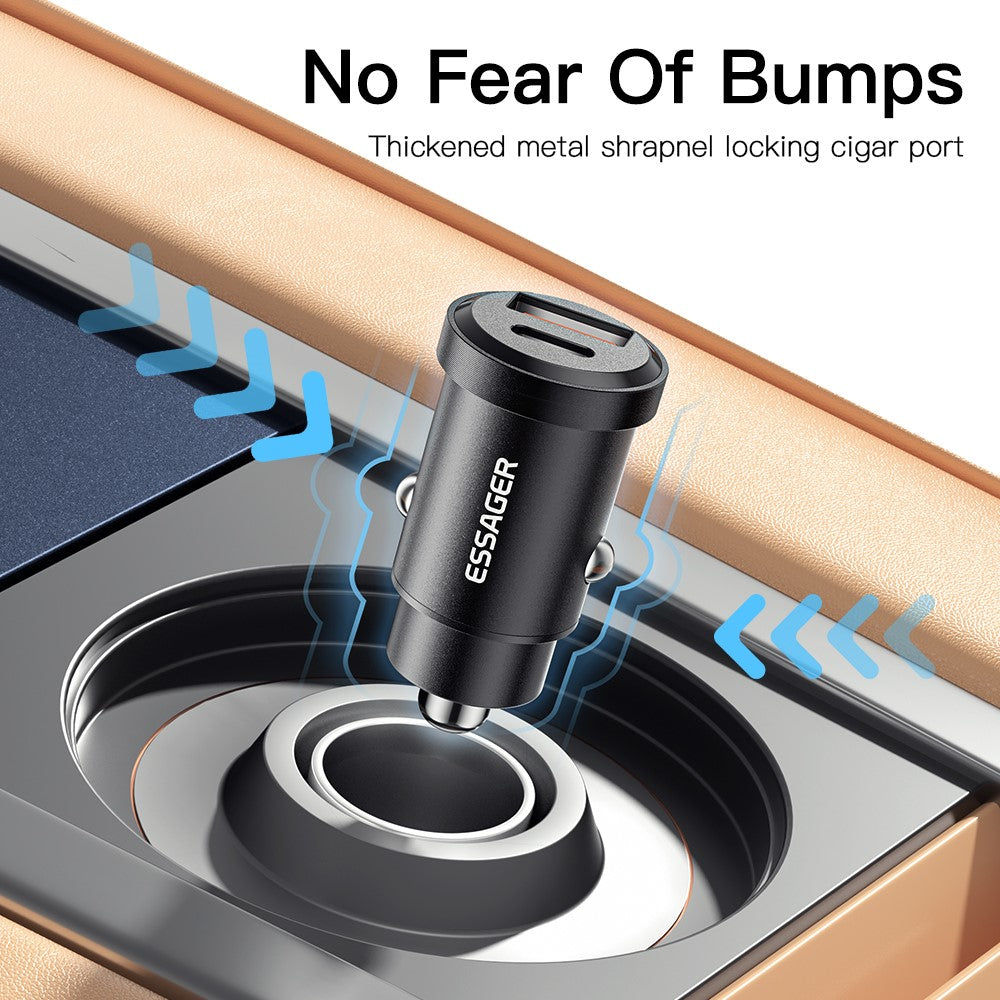 ESSAGER 30W Mini Car Charger USB-A + Type-C Dual Port Fast Charger for iPhone 12/13