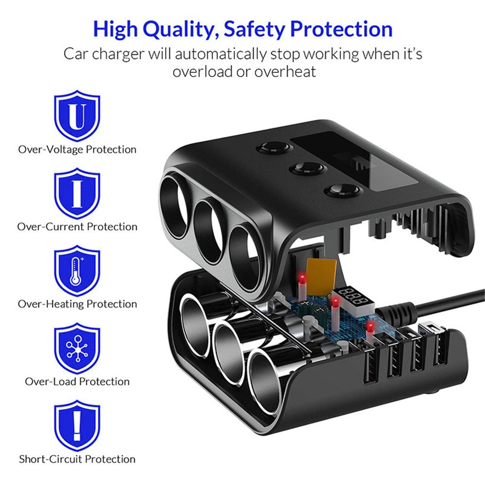 TR12 100W billader med 4 USB-porte, LED-display og spændingsdetektering, 3 cigarettænderudgange opladningsadapter