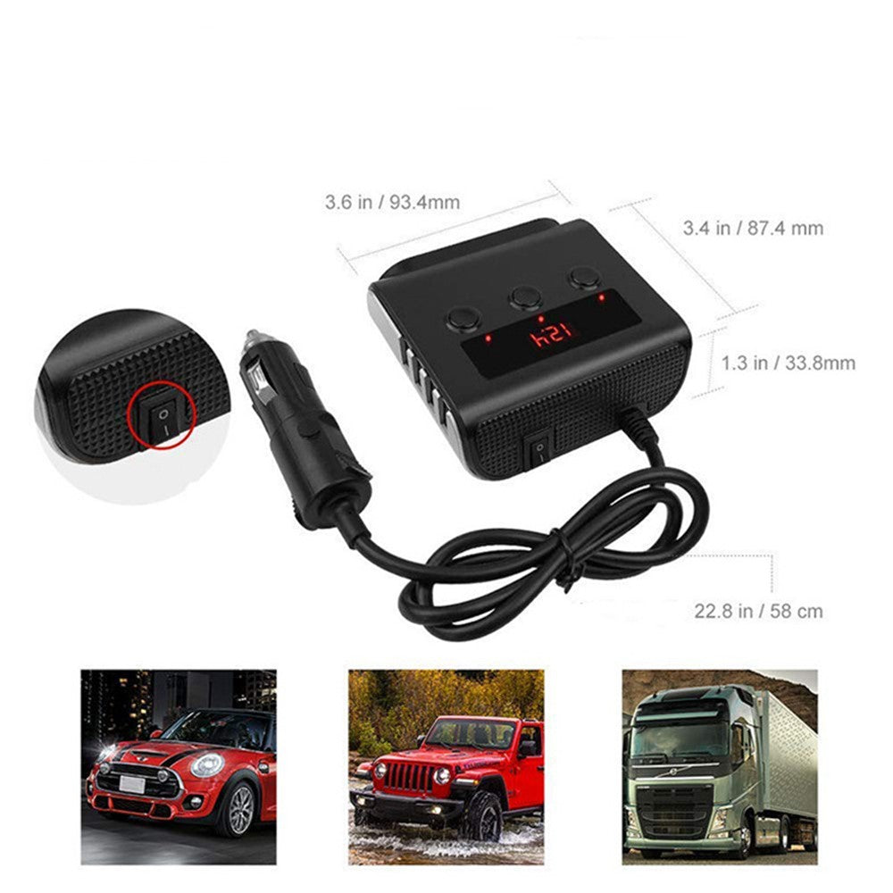 TR12 100W billader med 4 USB-porte, LED-display og spændingsdetektering, 3 cigarettænderudgange opladningsadapter