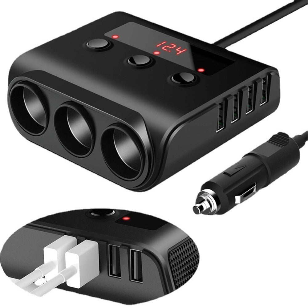 TR12 100W billader med 4 USB-porte, LED-display og spændingsdetektering, 3 cigarettænderudgange opladningsadapter