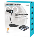SC03 3 QC3.0 USB+2 Type-C PD Phone Fast Charging Adapter Back Clip Design Extended Car Charger