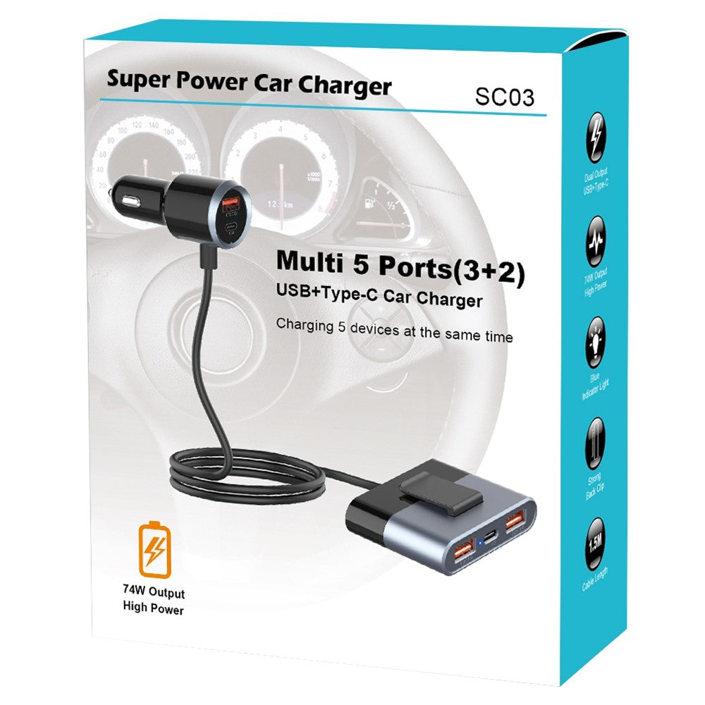 SC03 3 QC3.0 USB+2 Type-C PD Phone Fast Charging Adapter Back Clip Design Extended Car Charger