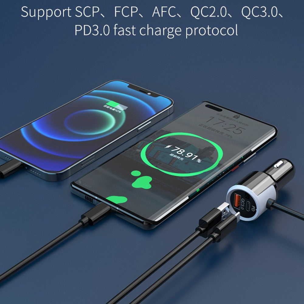SC03 3 QC3.0 USB+2 Type-C PD Phone Fast Charging Adapter Back Clip Design Extended Car Charger