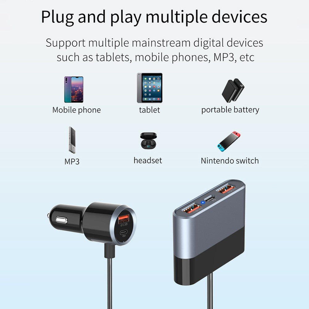 SC03 3 QC3.0 USB+2 Type-C PD Phone Fast Charging Adapter Back Clip Design Extended Car Charger