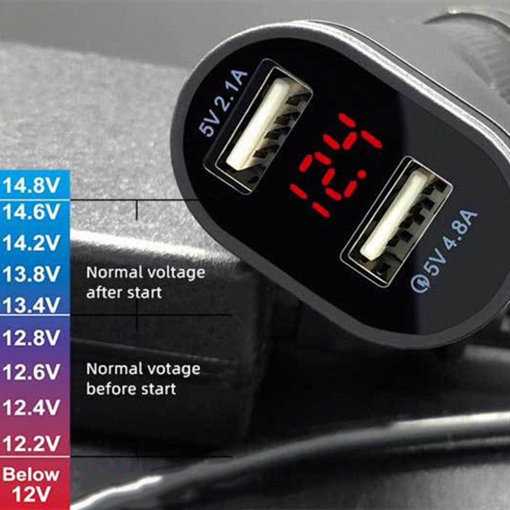 Dobbelt USB Biloplader Digitalt Display Bilopladningsstik Sikkerhed med Selekniv Hammer Glasrudehammer