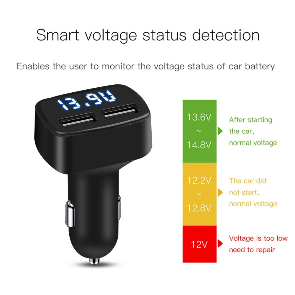 4 in 1 Car Charger Dual USB Port with Digital Display Voltage / Temperature / Current Meter Tester Adapter