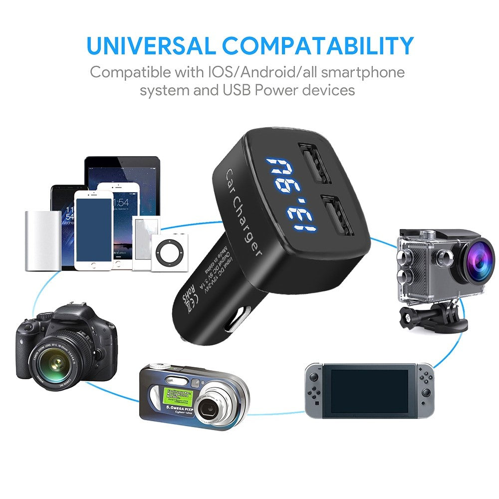 4 in 1 Car Charger Dual USB Port with Digital Display Voltage / Temperature / Current Meter Tester Adapter