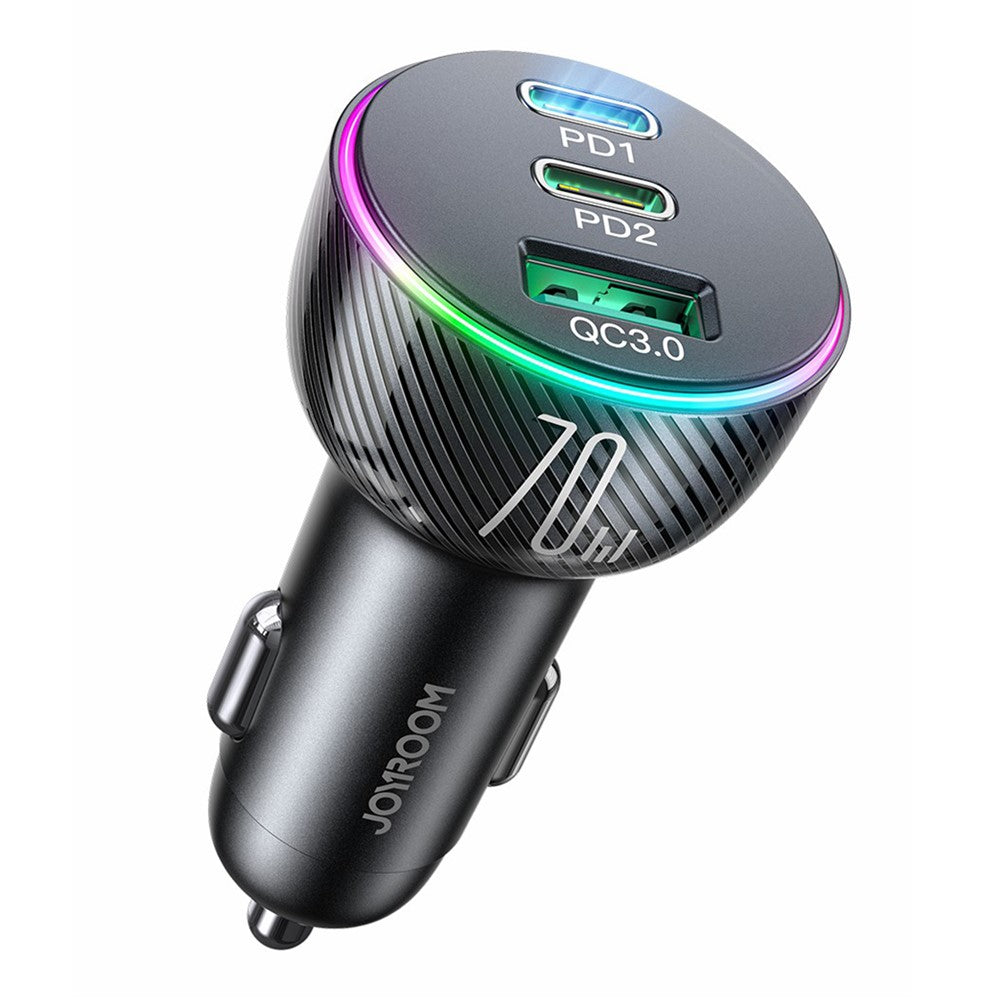 JOYROOM JR-CL26 3-ports (2PD+1USB) biloplader QC3.0+PD3.0 70W hurtigopladende mobiladapter med farverig LED-lampe
