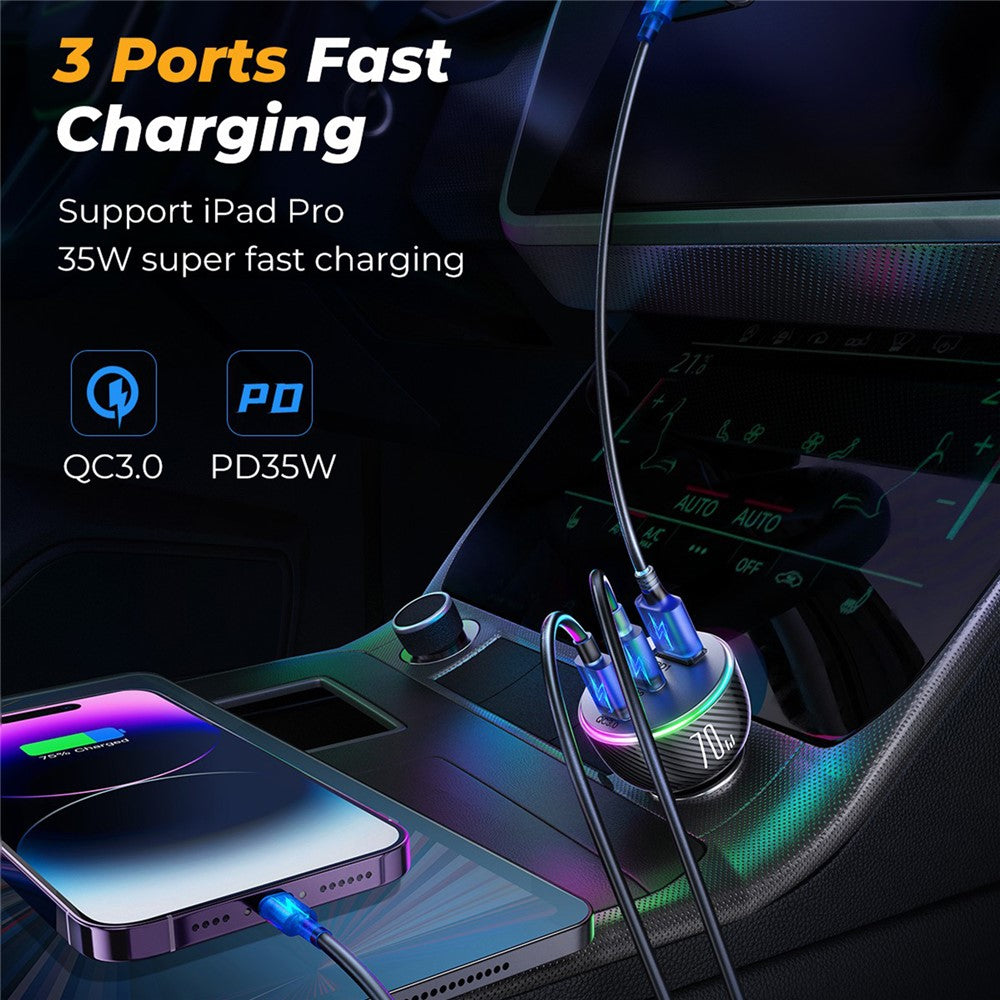 JOYROOM JR-CL26 3-ports (2PD+1USB) biloplader QC3.0+PD3.0 70W hurtigopladende mobiladapter med farverig LED-lampe