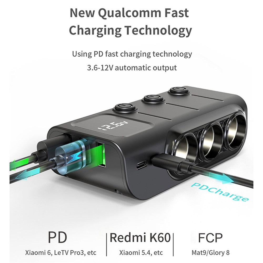 GC01 3 USB + 1 Type-C + 1 PD Port Car Charger 3 Cigarette Lighter Sockets Digital Display Charging Adapter