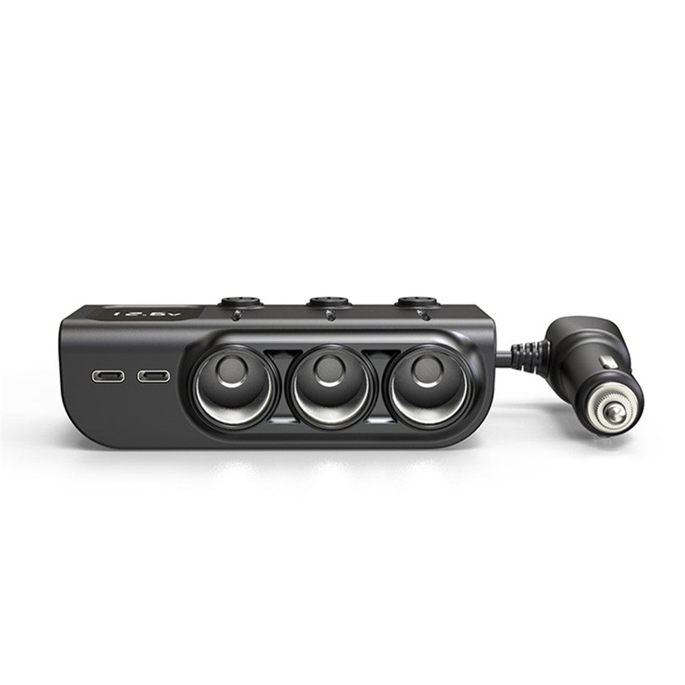 GC01 3 USB + 1 Type-C + 1 PD Port Car Charger 3 Cigarette Lighter Sockets Digital Display Charging Adapter