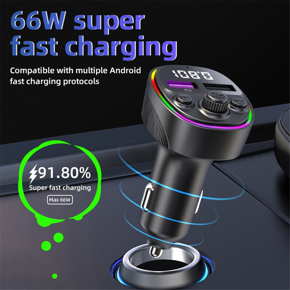 CS2 Dubbel USB 66W Super snabb billaddare med digital display, MP3-spelare och Bluetooth-kompatibel FM-sändare