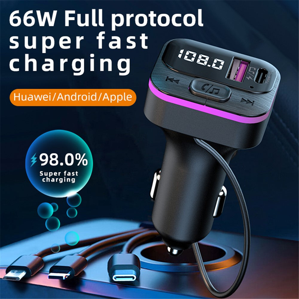 CS3 USB+USB-C 66W Car Charger MP3 Player Bluetooth-compatible FM Transmitter Car Charger with 3 Charging Cables