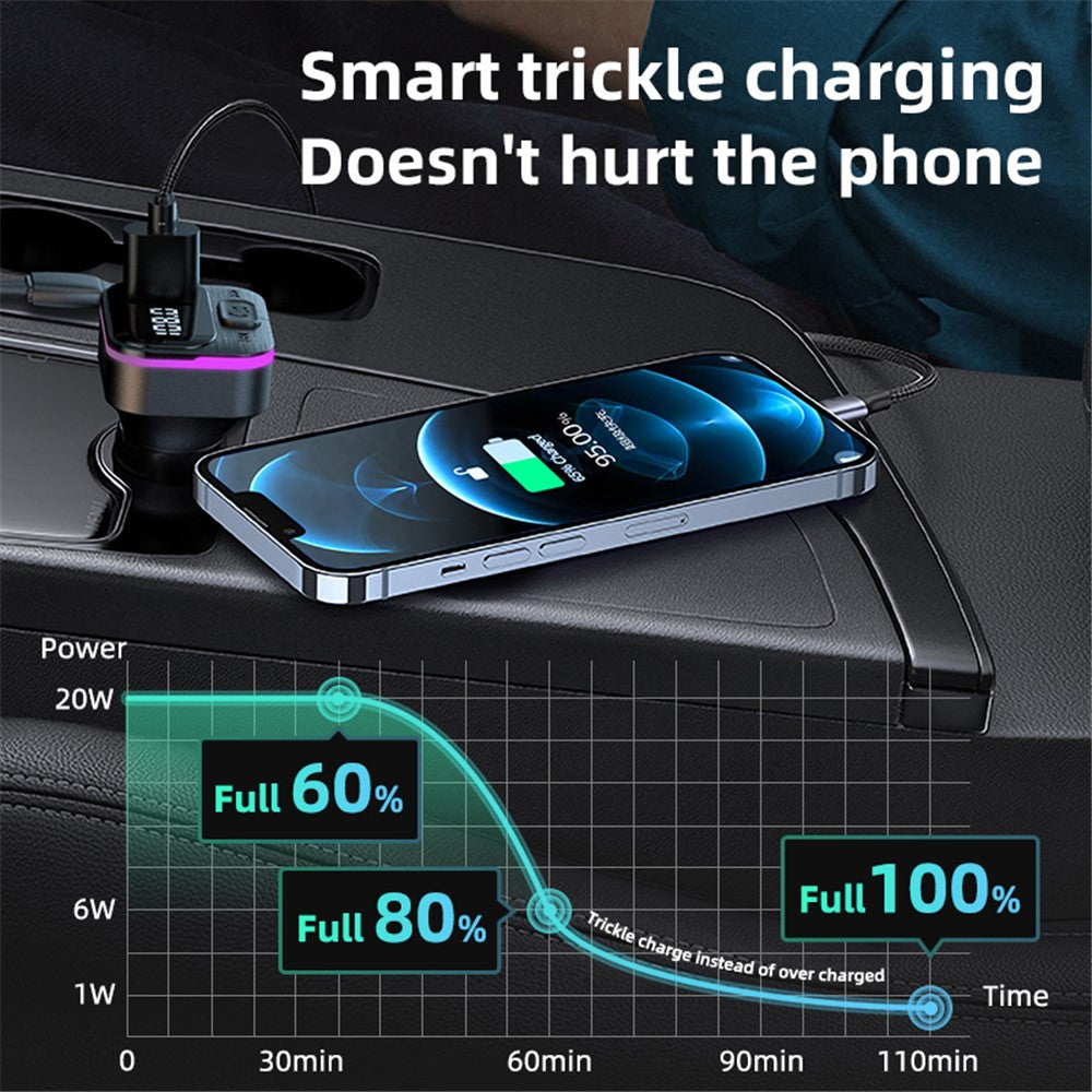 CS3 USB+USB-C 66W Car Charger MP3 Player Bluetooth-compatible FM Transmitter Car Charger with 3 Charging Cables