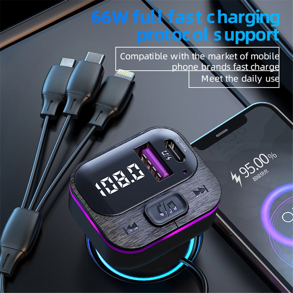 CS3 USB+USB-C 66W Car Charger MP3 Player Bluetooth-compatible FM Transmitter Car Charger with 3 Charging Cables