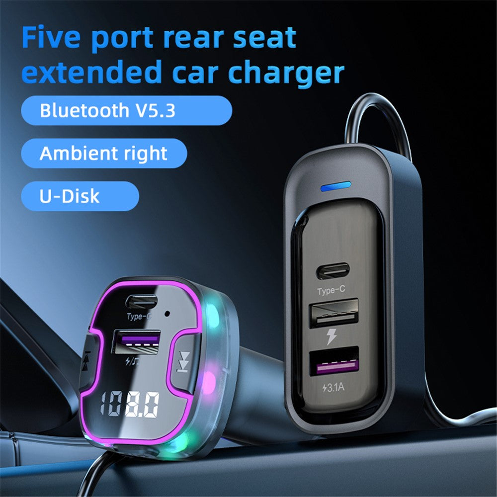 CS6 Rear Seat Extended Car Charger Multi-Port Fast Car Charger with Bluetooth-compatible MP3 Play, FM Transmitter Function