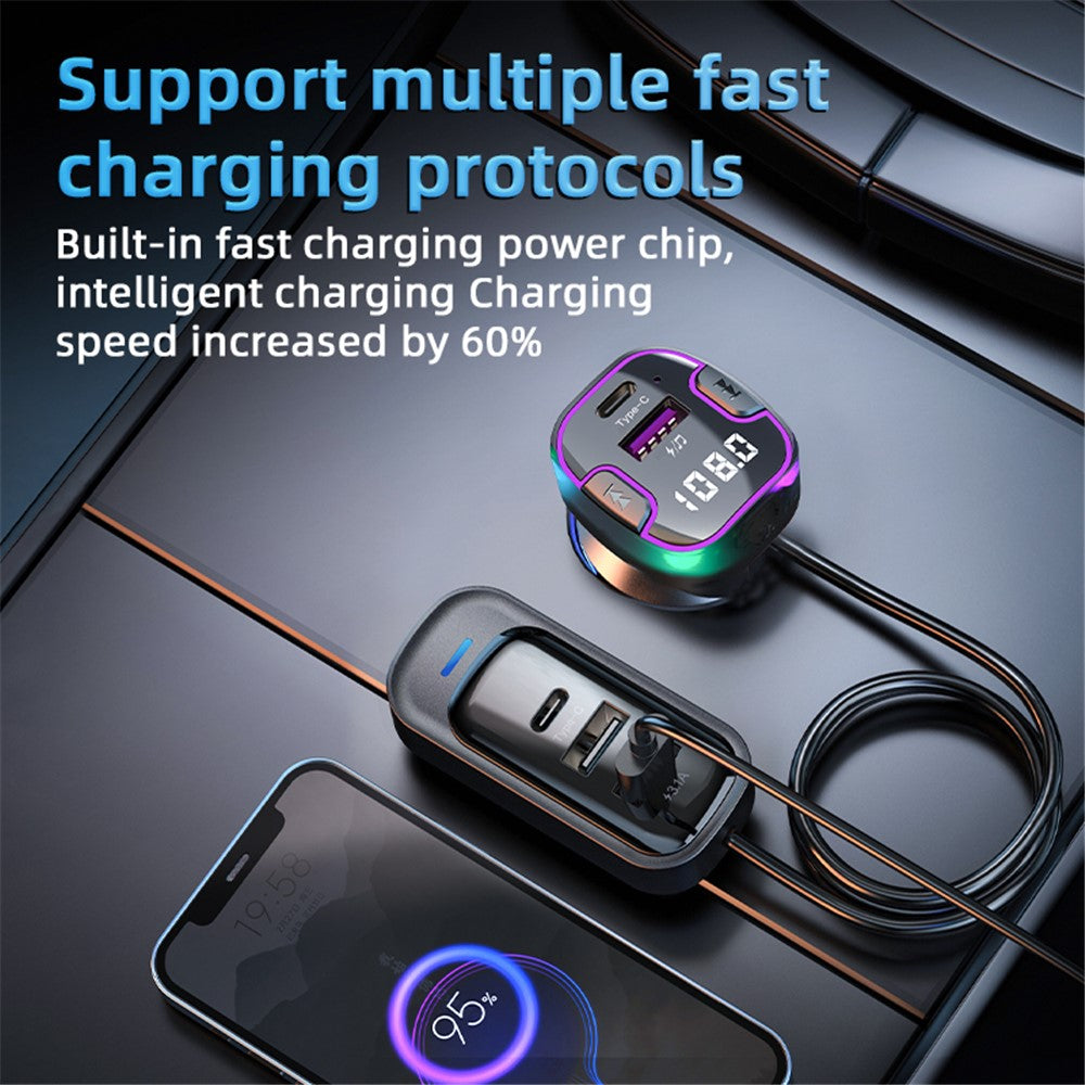 CS6 Rear Seat Extended Car Charger Multi-Port Fast Car Charger with Bluetooth-compatible MP3 Play, FM Transmitter Function