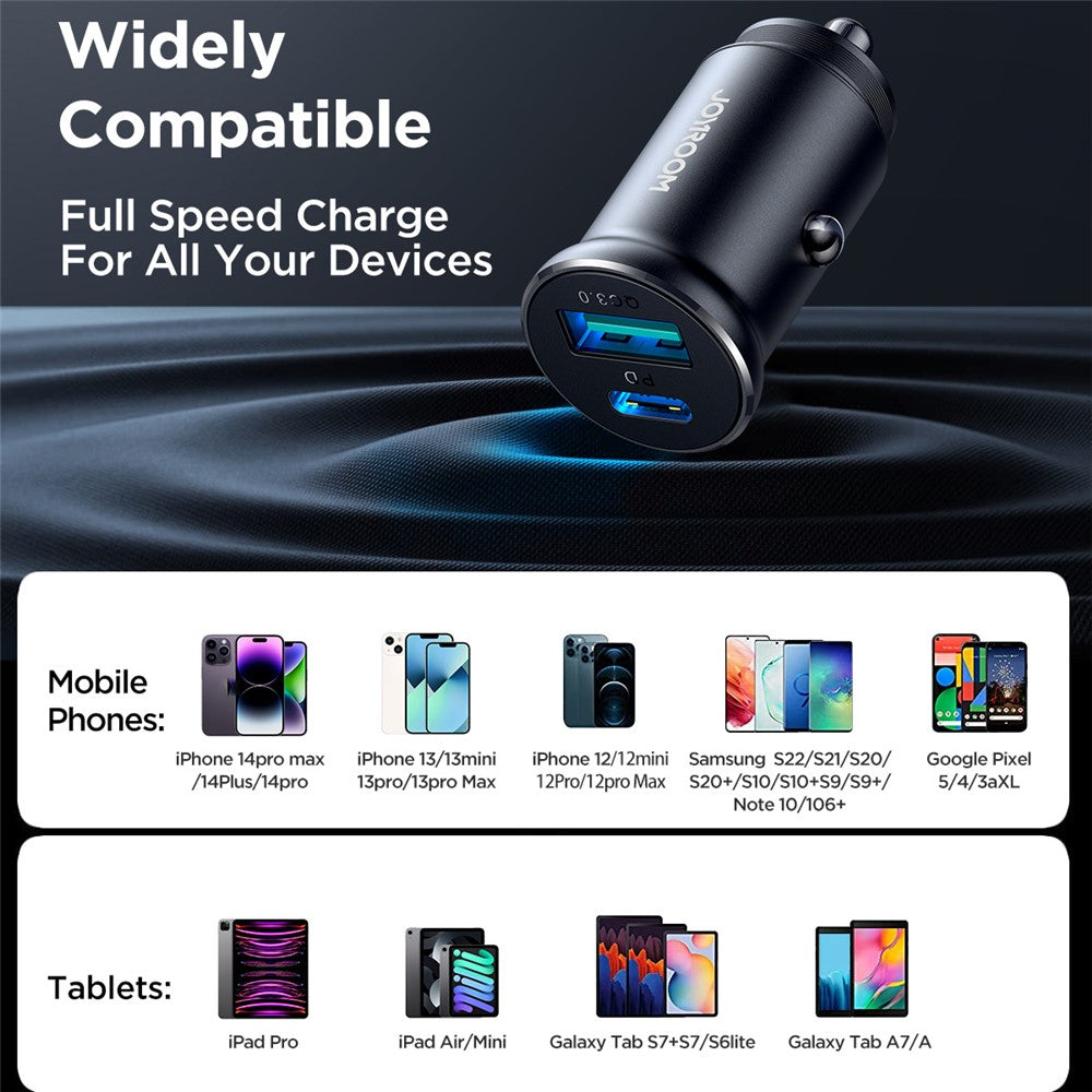 JOYROOM CCN05 Mini 30W USB + Type-C Phone Fast Charging Adapter Aluminum Alloy Car Charger