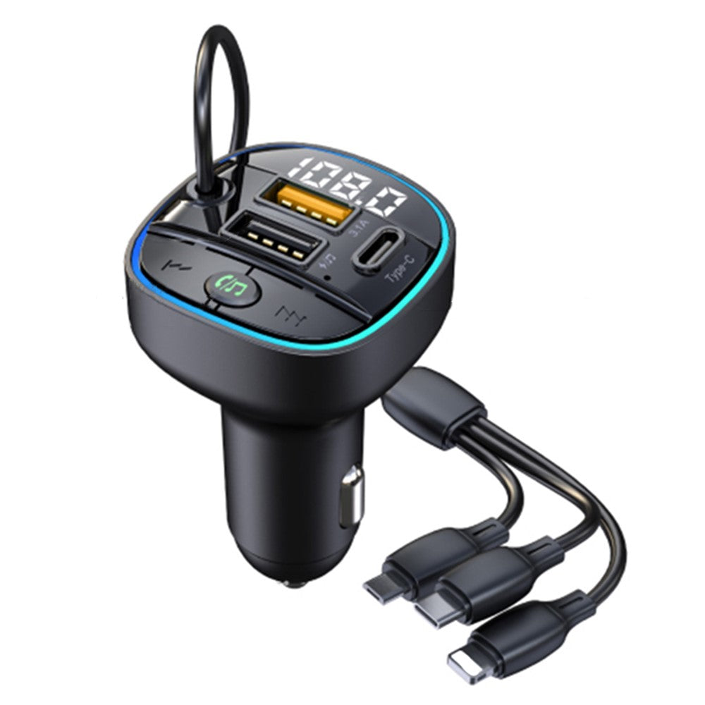 C35 Superhurtig Biloplader Bilopladeradapter med tre porte Bluetooth-kompatibel MP3-afspiller FM-sender med 3-i-1 opladerkabel