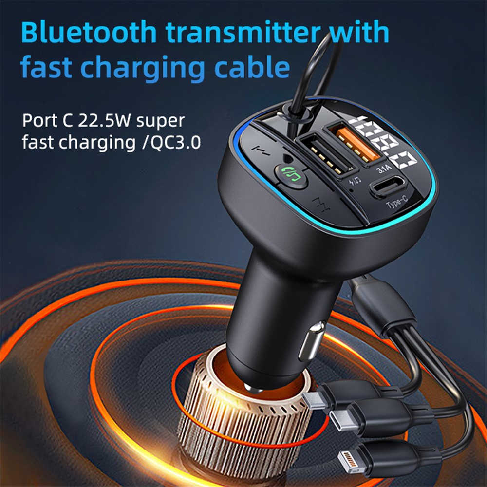 C35 Superhurtig Biloplader Bilopladeradapter med tre porte Bluetooth-kompatibel MP3-afspiller FM-sender med 3-i-1 opladerkabel