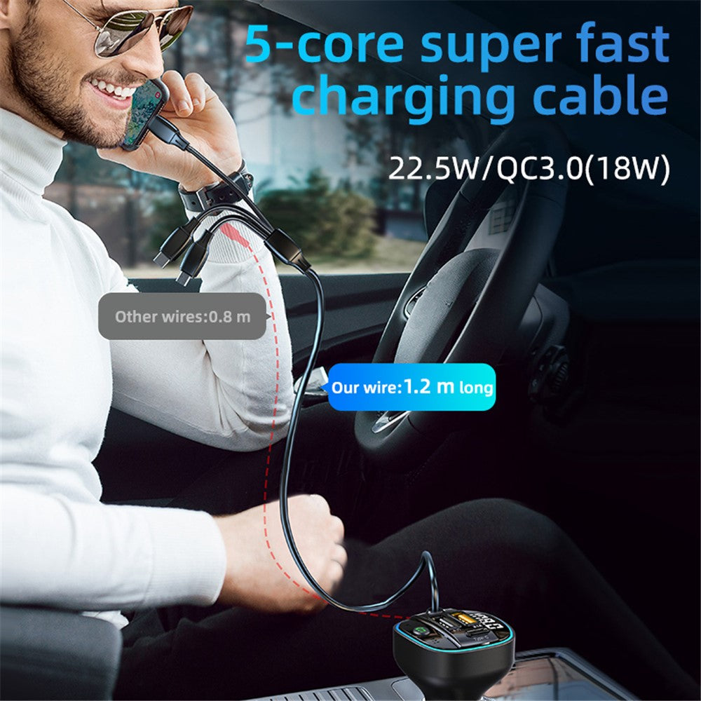 C35 Superhurtig Biloplader Bilopladeradapter med tre porte Bluetooth-kompatibel MP3-afspiller FM-sender med 3-i-1 opladerkabel