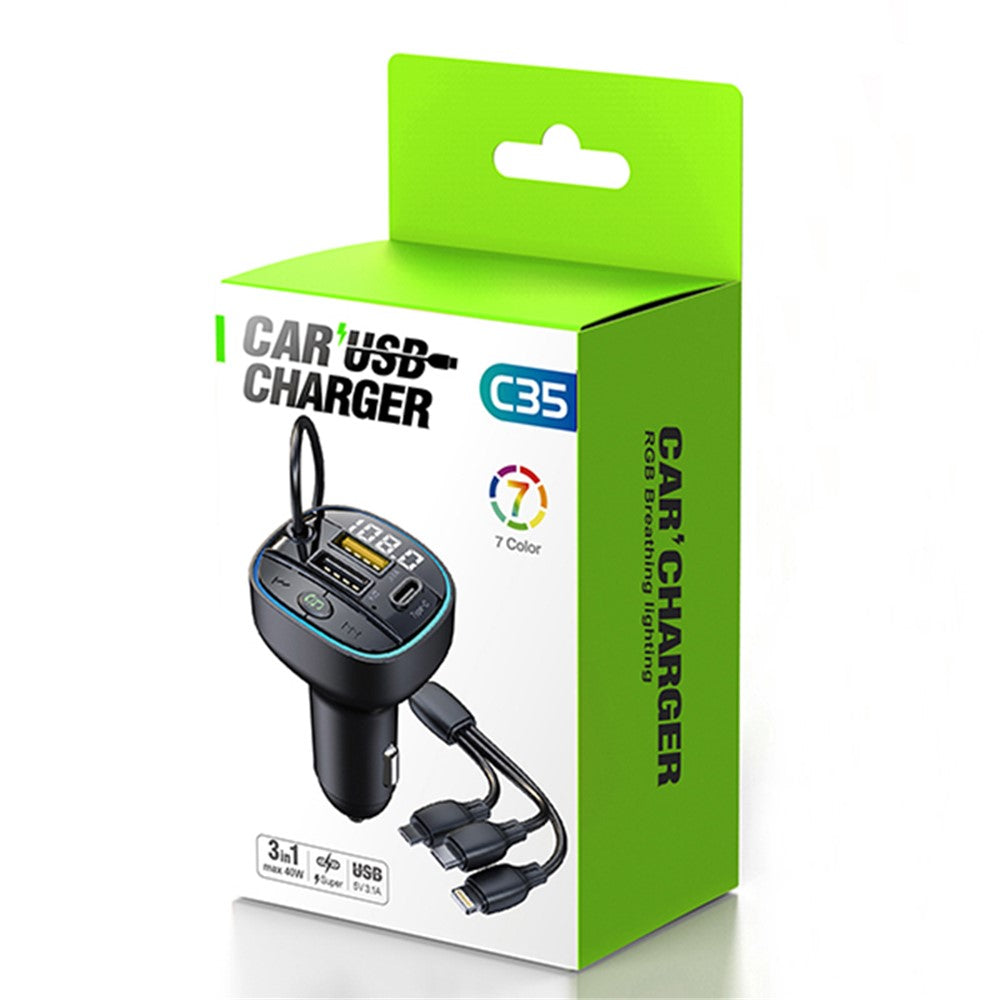 C35 Superhurtig Biloplader Bilopladeradapter med tre porte Bluetooth-kompatibel MP3-afspiller FM-sender med 3-i-1 opladerkabel