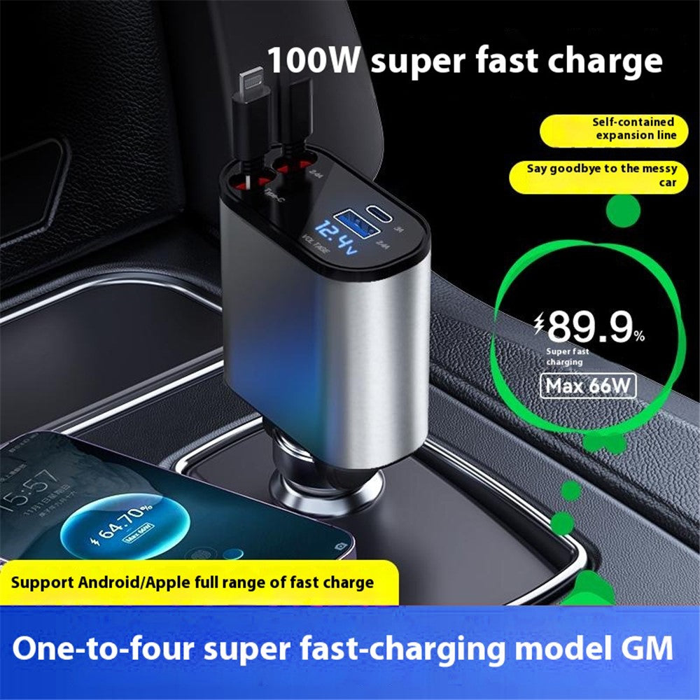 X16 100W Super Fast Charging Car Charger 180-Degree Rotating Adapter with Retractable Type-C / iP Cable