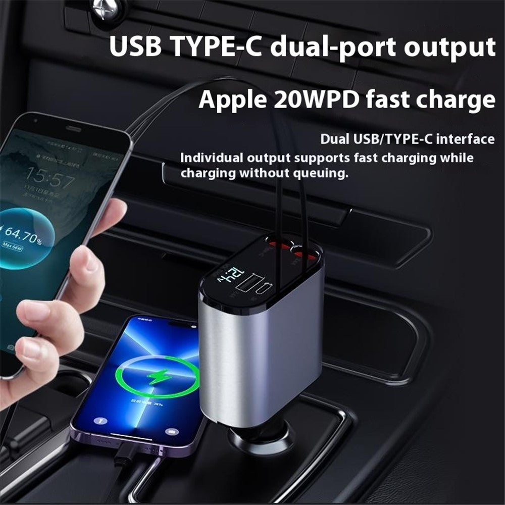 X16 100W Super Fast Charging Car Charger 180-Degree Rotating Adapter with Retractable Type-C / iP Cable