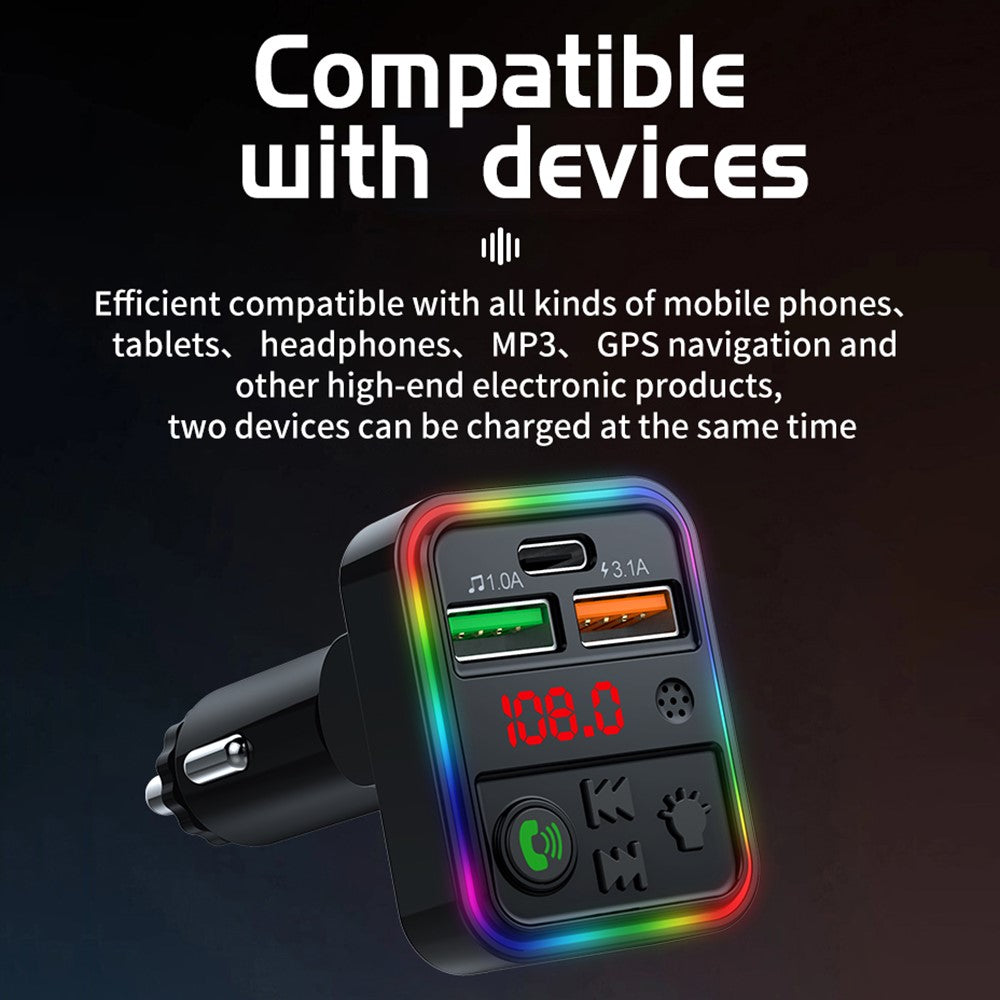 P18 Cigarette Lighter Bluetooth-compatible Car MP3 Music Player Hands-Free Calling Car Audio Device with 2USB, Type-C Port