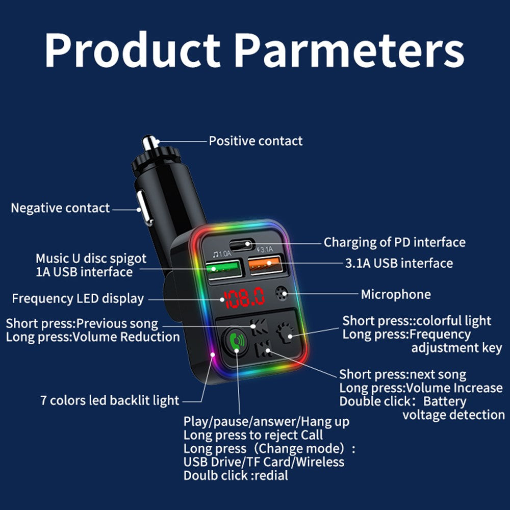 P18 Cigarette Lighter Bluetooth-compatible Car MP3 Music Player Hands-Free Calling Car Audio Device with 2USB, Type-C Port
