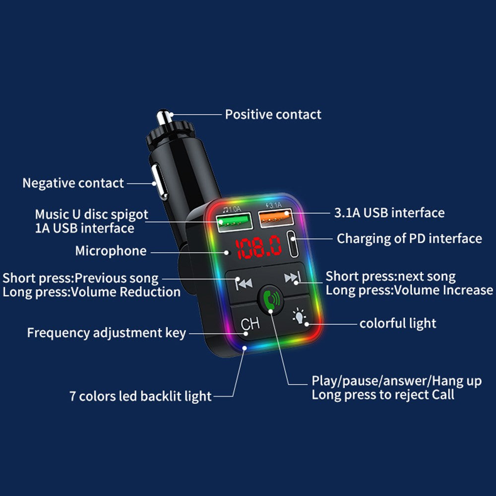 P2 Car Player Charger Dual USB Port Cigarette Lighter Car Charger Support Bluetooth-compatible Hands Free Calling