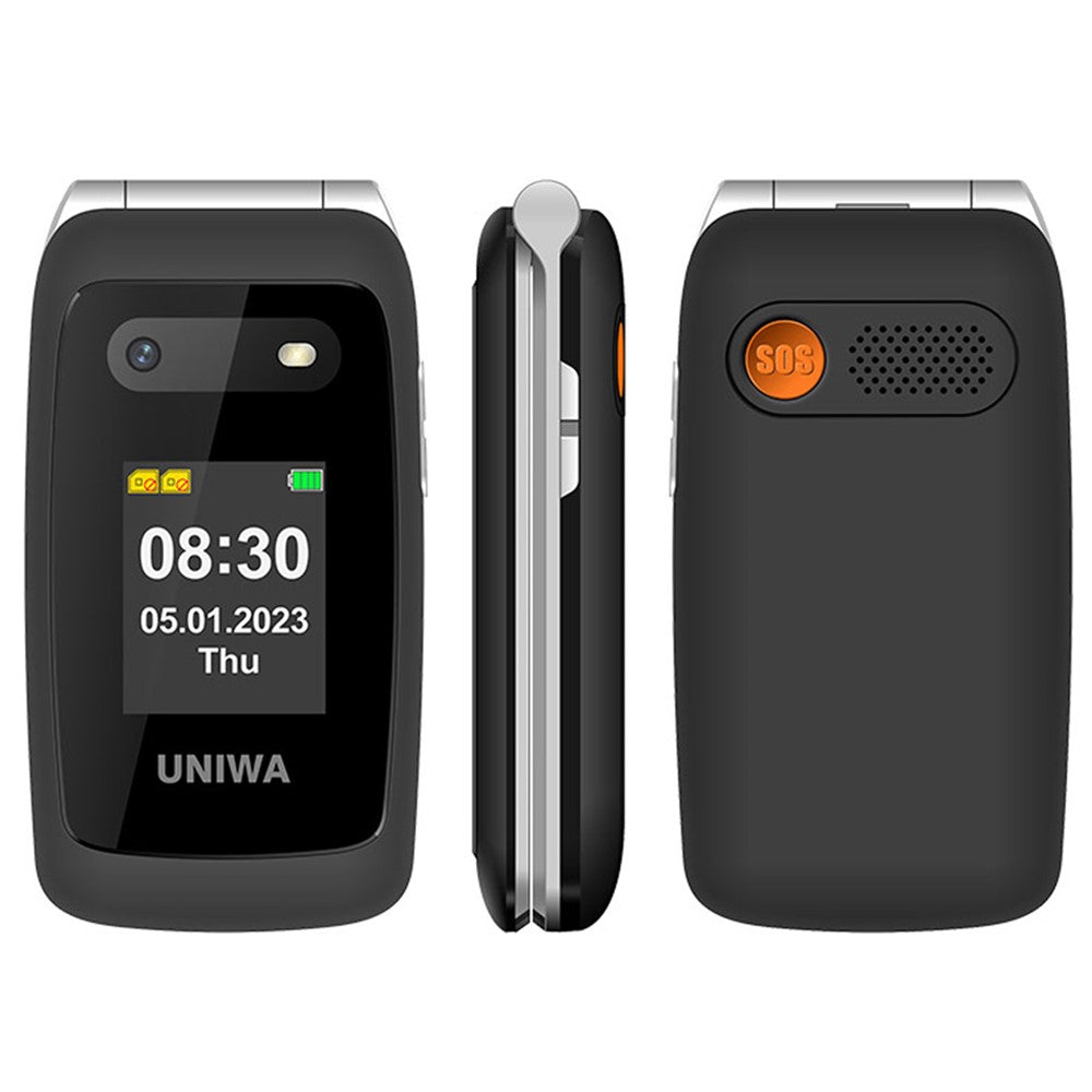 UNIWA V202T 4G Klaptelefon til Ældre med Dobbelt SIM Dobbelt Skærm Basis Mobiltelefon med SOS-knap Trådløs FM-radio