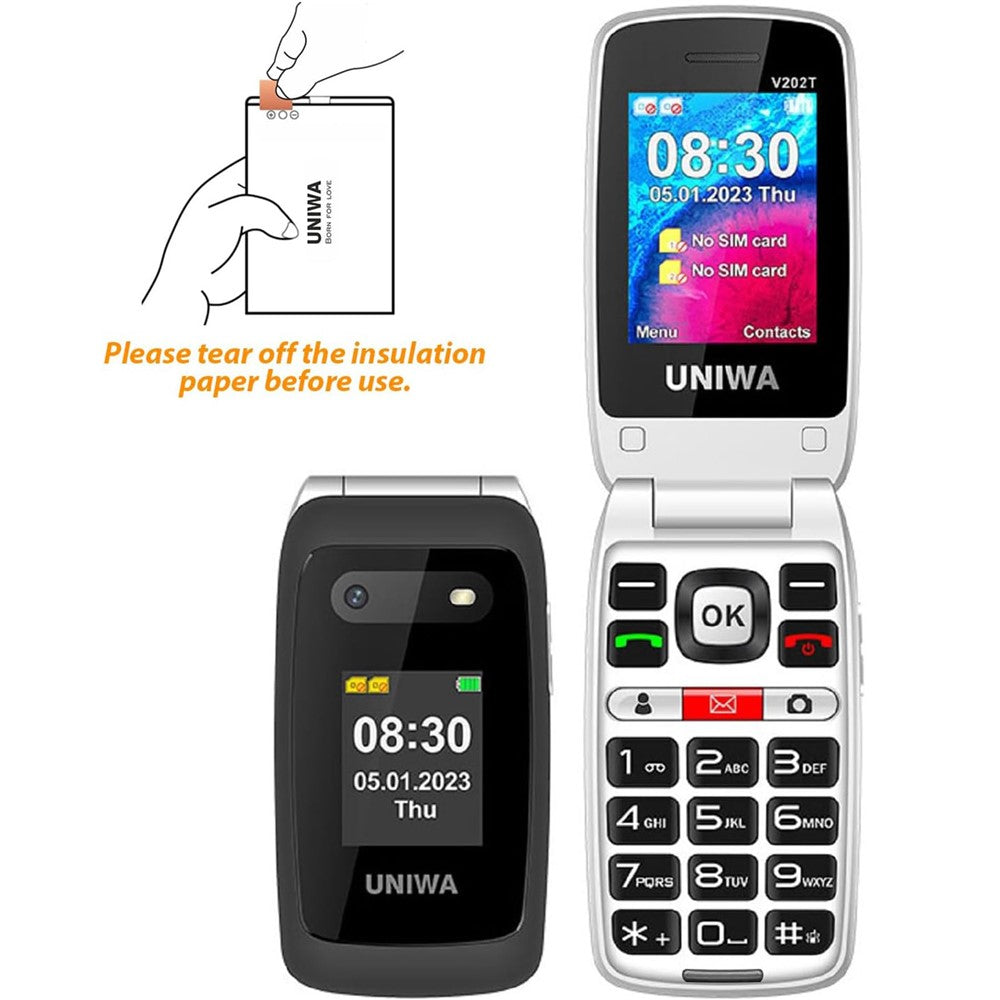 UNIWA V202T 4G Klaptelefon til Ældre med Dobbelt SIM Dobbelt Skærm Basis Mobiltelefon med SOS-knap Trådløs FM-radio