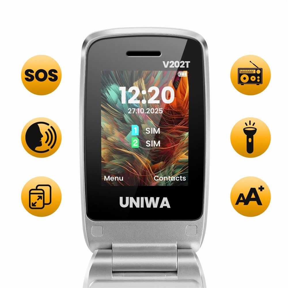 UNIWA V202T 4G Klaptelefon til Ældre med Dobbelt SIM Dobbelt Skærm Basis Mobiltelefon med SOS-knap Trådløs FM-radio