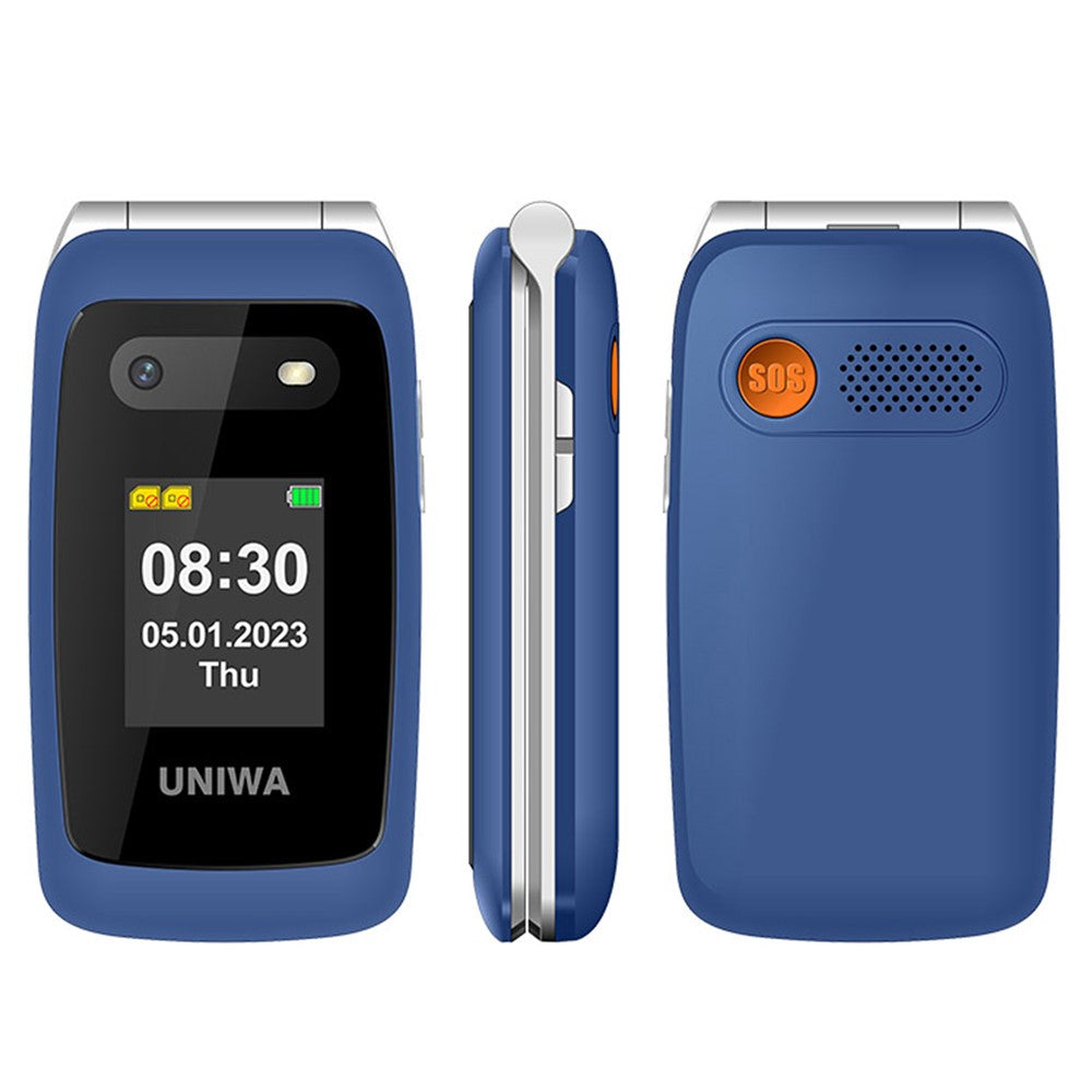 UNIWA V202T 4G Klaptelefon til Ældre med Dobbelt SIM Dobbelt Skærm Basis Mobiltelefon med SOS-knap Trådløs FM-radio