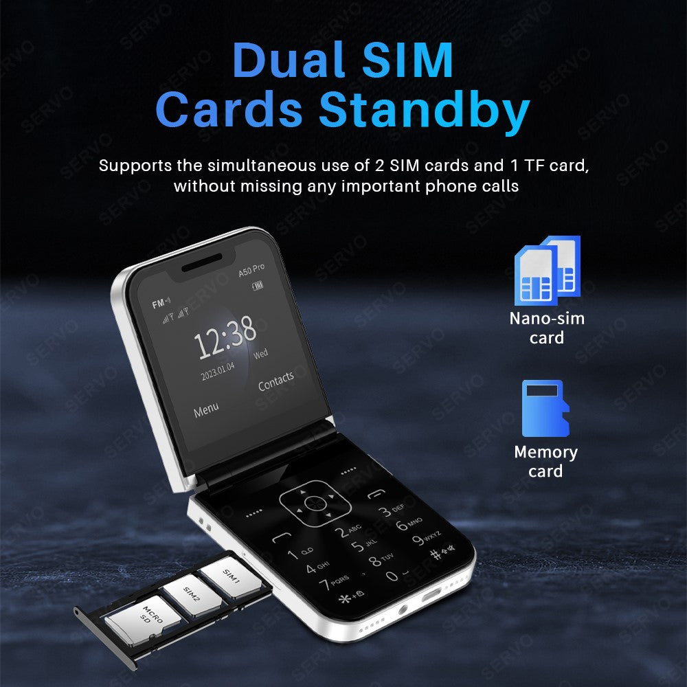SERVO A50 Pro Dual SIM Flip 2G Bar-mobil för seniorer