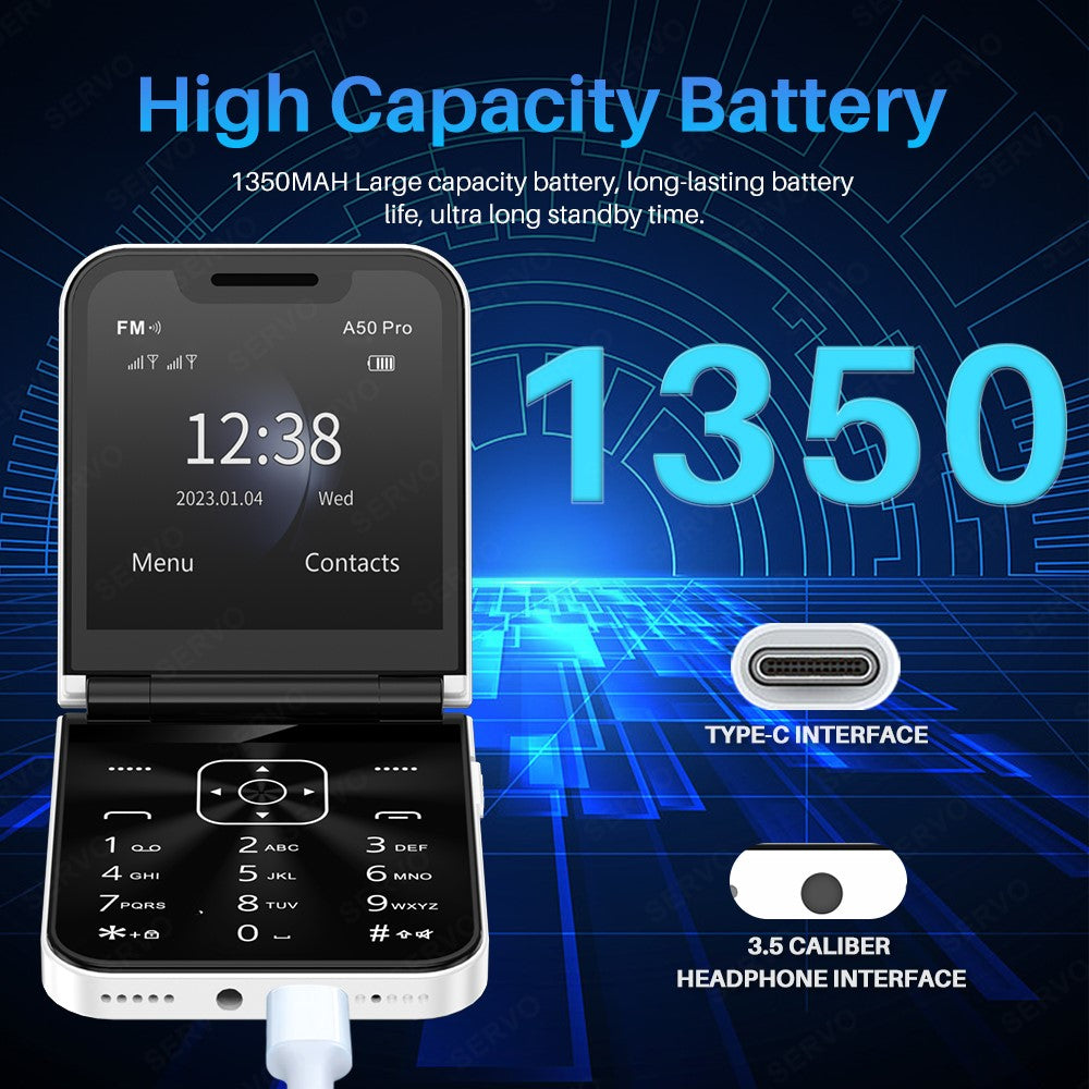 SERVO A50 Pro Dual SIM Flip 2G Bar-mobil för seniorer