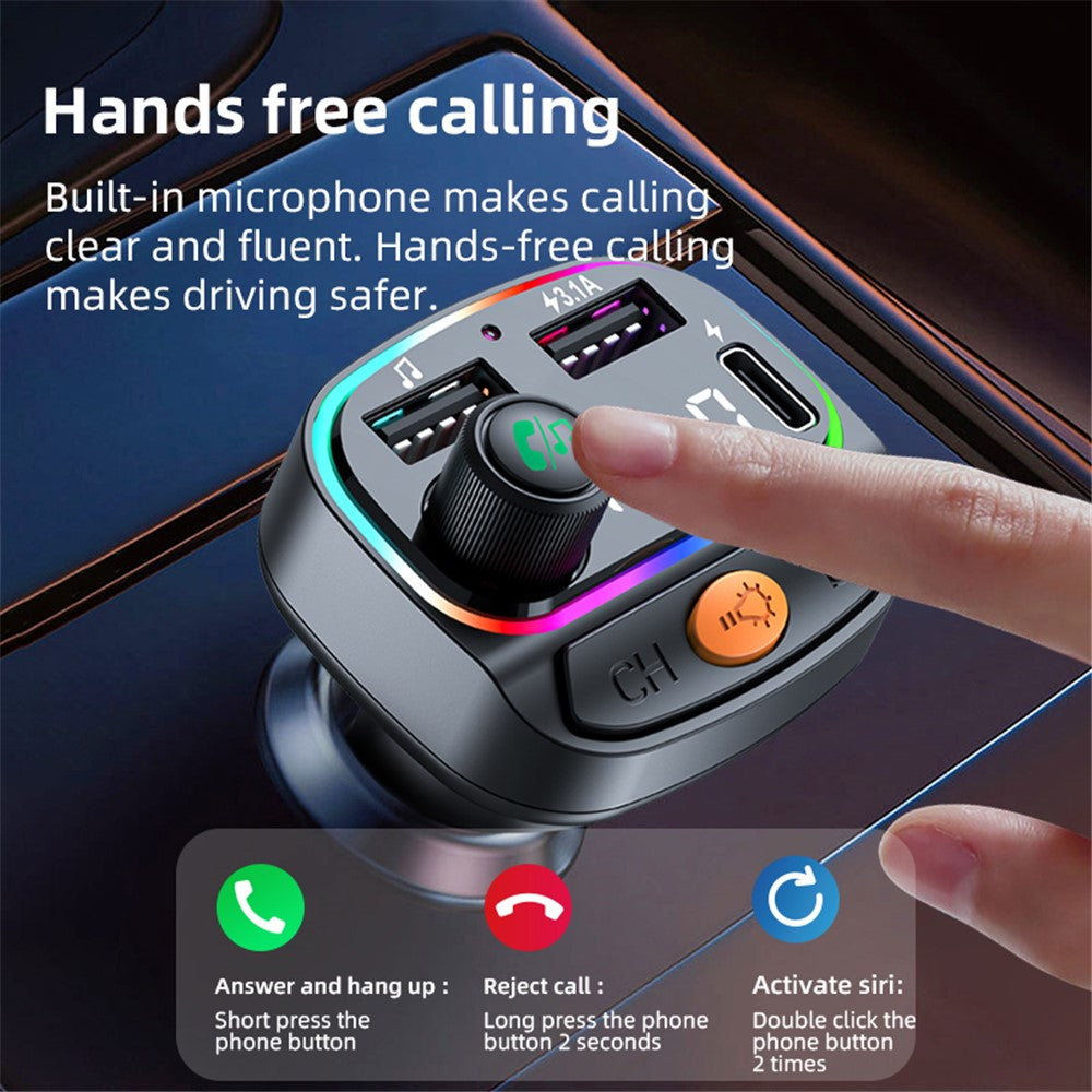 C2 Multifunctional Bluetooth-compatible MP3 Player Type-C+2 USB Car Charger with Ambient Light