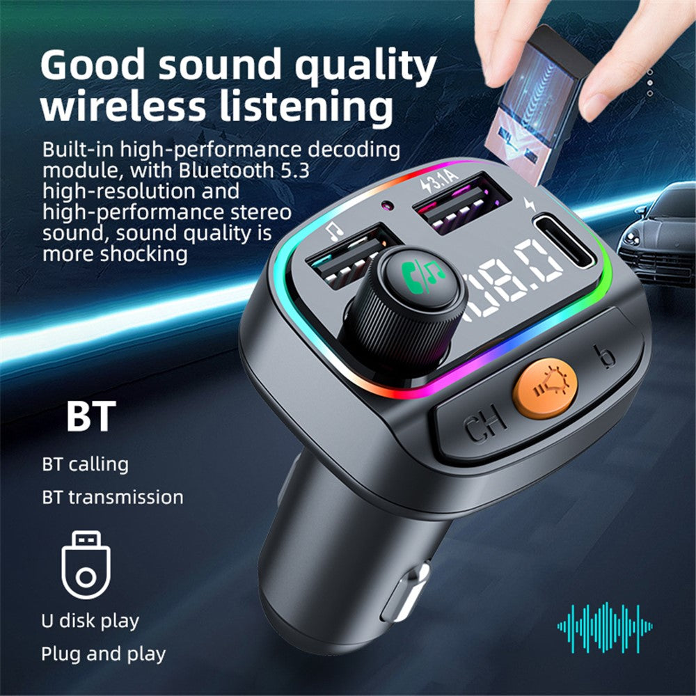 C2 Multifunctional Bluetooth-compatible MP3 Player Type-C+2 USB Car Charger with Ambient Light