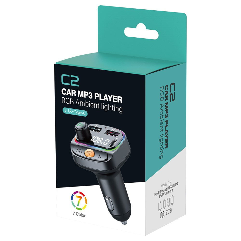 C2 Multifunctional Bluetooth-compatible MP3 Player Type-C+2 USB Car Charger with Ambient Light