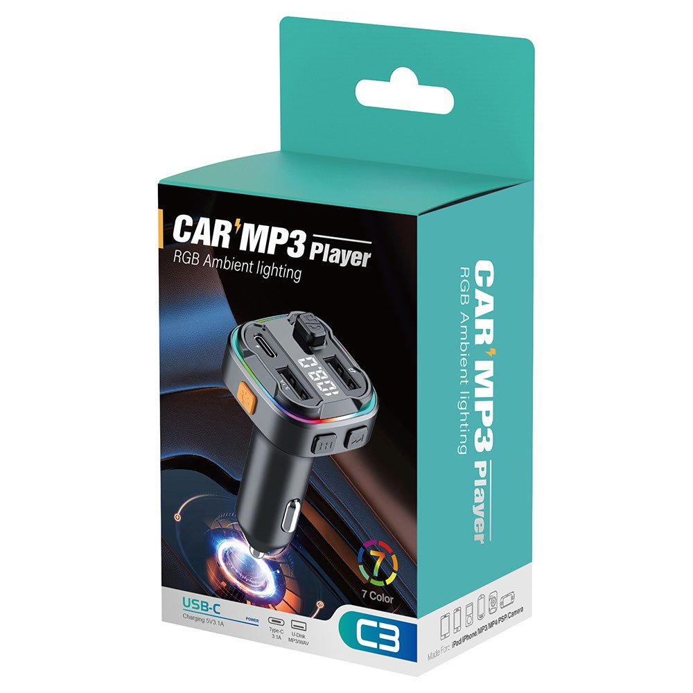 C3 Bluetooth-kompatibel håndfri opkaldsadapter FM-sender bil MP3-musikafspiller Type-C + Dobbelt USB-biloplader
