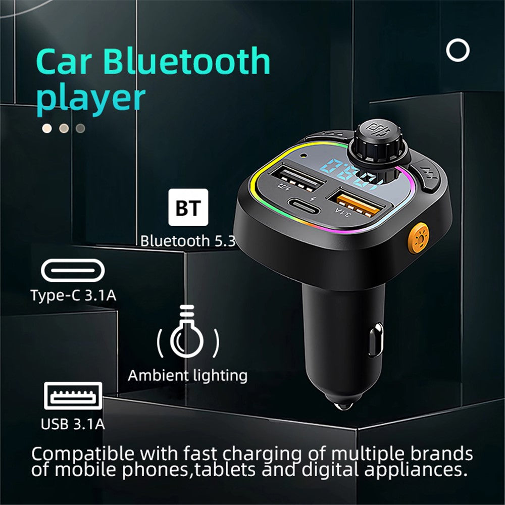 C6 Digital Display FM Car Bluetooth-compatible Transmitter Type-C+2 USB Fast Charger Audio MP3 Player