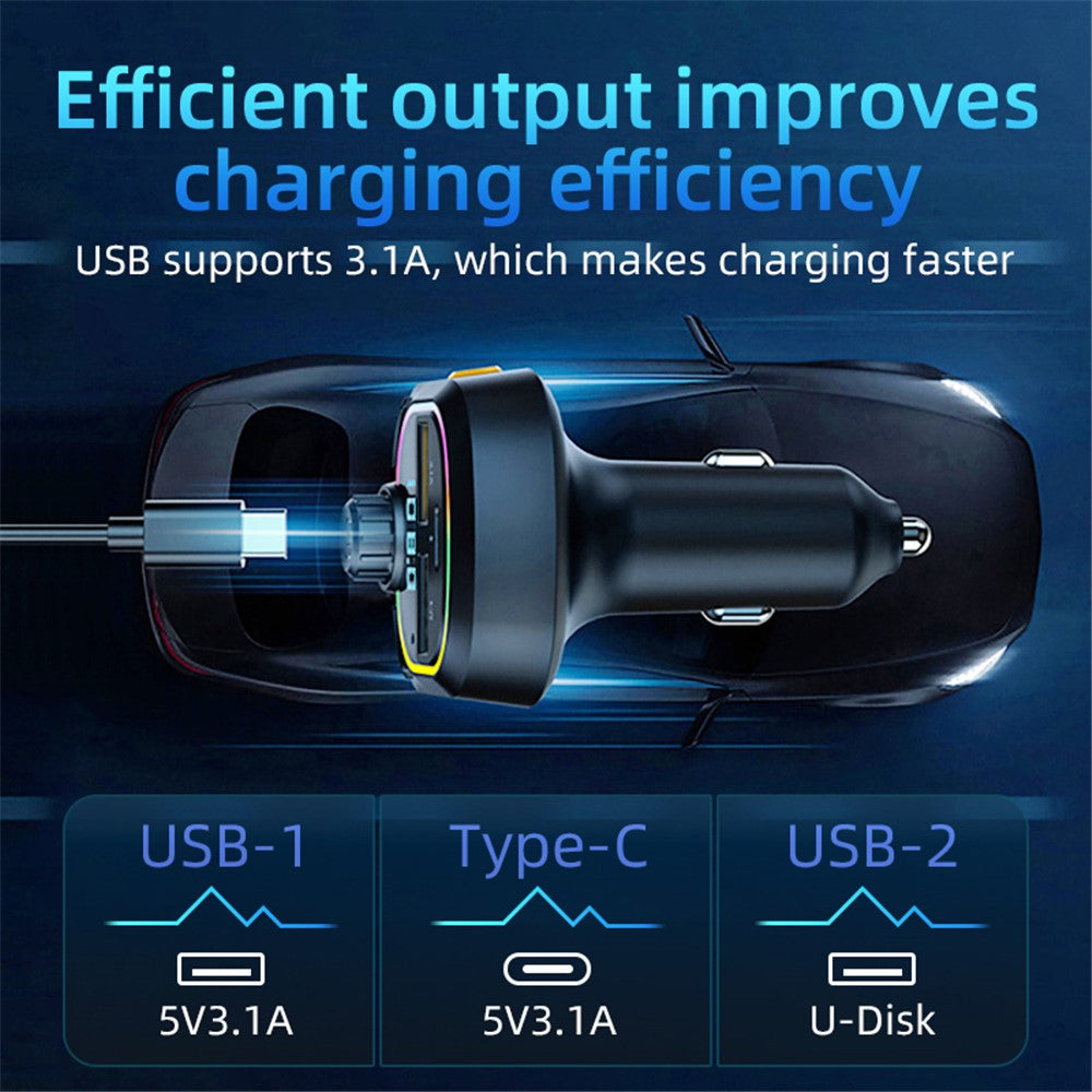 C6 Digital Display FM Car Bluetooth-compatible Transmitter Type-C+2 USB Fast Charger Audio MP3 Player