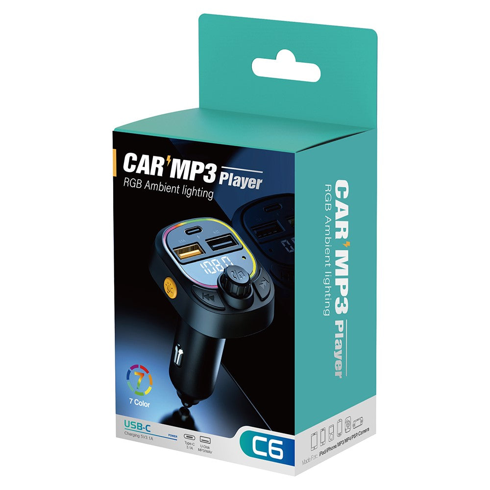C6 Digital Display FM Car Bluetooth-compatible Transmitter Type-C+2 USB Fast Charger Audio MP3 Player