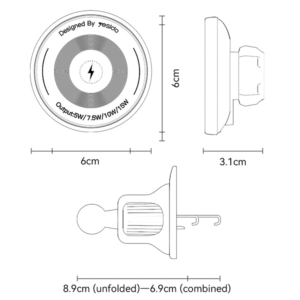 YESIDO C308 Rund Magnetisk mobilhållare Stativ 15W Trådlös Laddare Billuftuttagsfäste