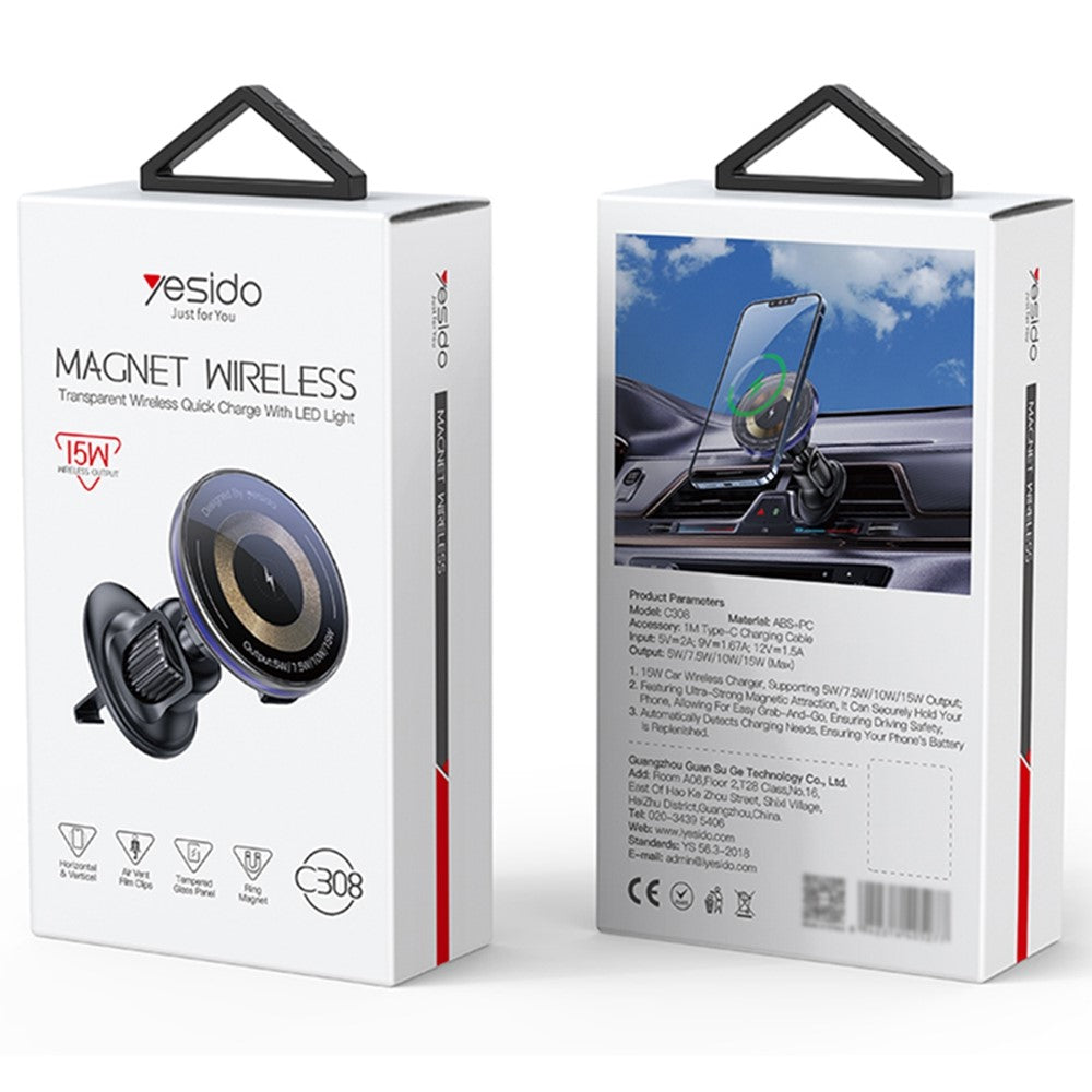 YESIDO C308 Rund Magnetisk mobilhållare Stativ 15W Trådlös Laddare Billuftuttagsfäste