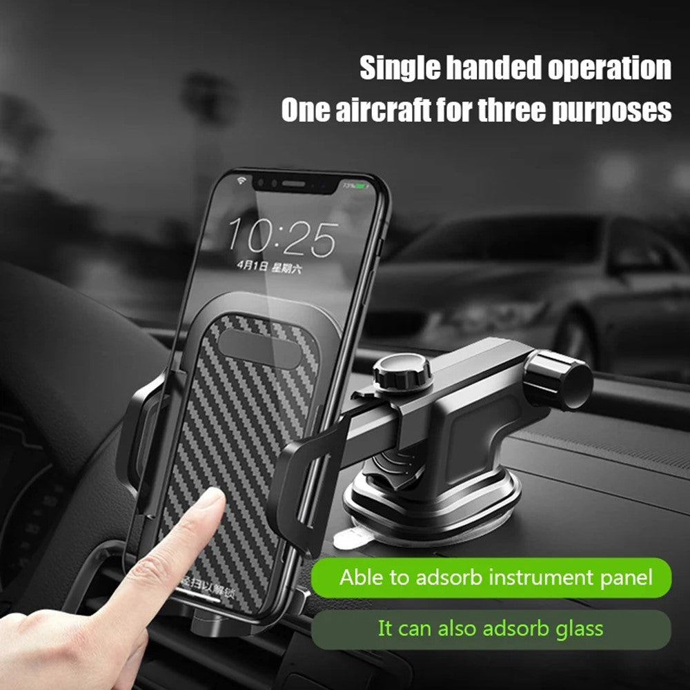Car Dashboard Windshield Suction Cup Phone Holder Carbon Fiber Texture Extendable Rod Cellphone Bracket