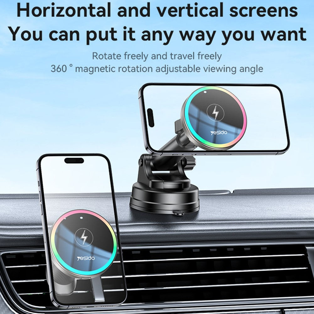 YESIDO C315 Car Wireless Charger Set Suction Cup Air Vent Mount RGB Lighting Cooling Fan 15W Fast Charging Stand
