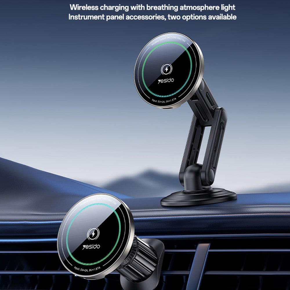 YESIDO C317 Magnetic Wireless Charger 15W Fast Charging Car Mount Dashboard Phone Holder with Breathing Light